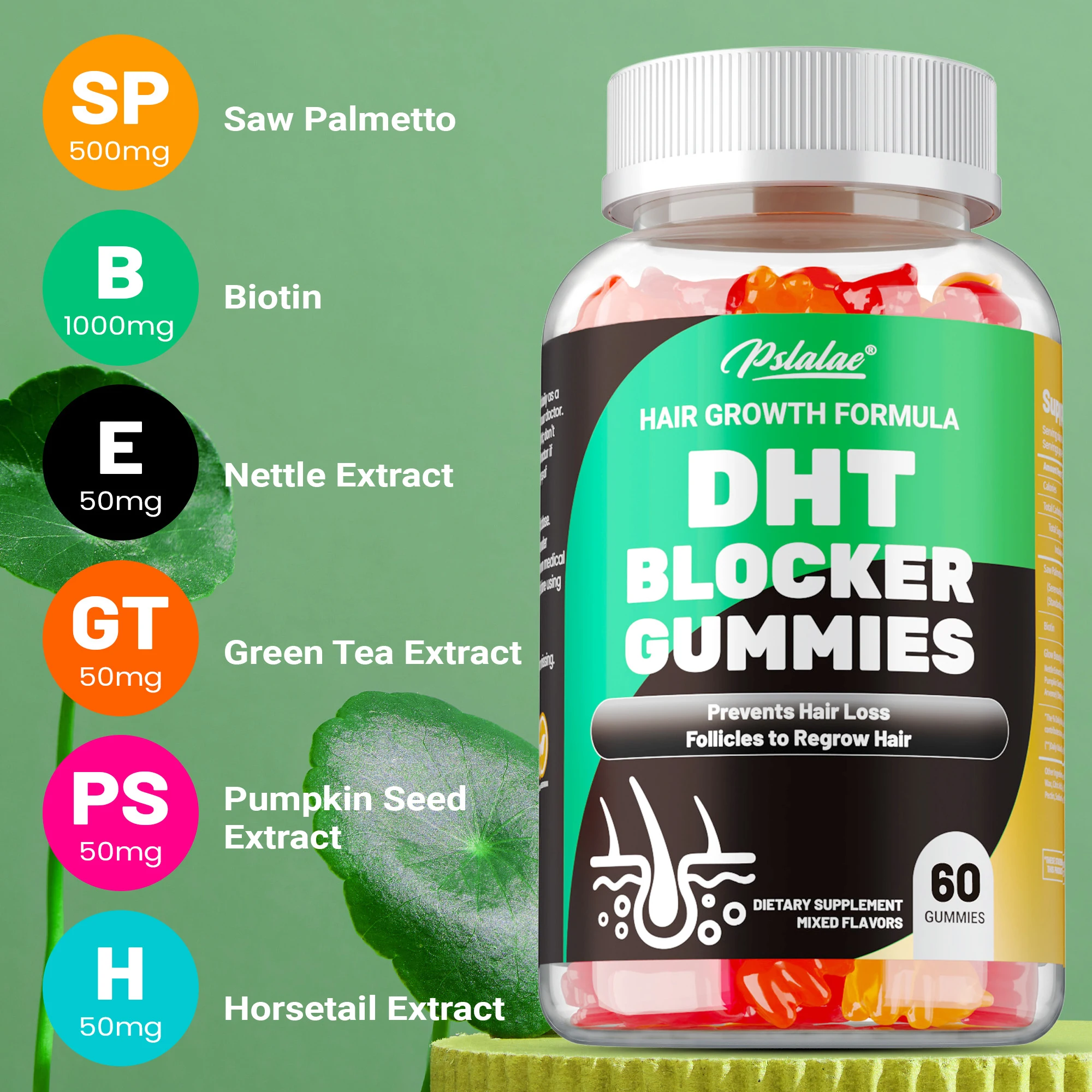 علكة DHT Blocker - مكمل نمو الشعر، لتخفيف الشعر الوراثي - للرجال والنساء - 60 كبسولة