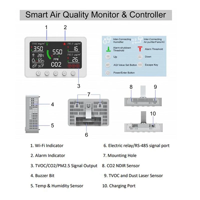 大型LCDディスプレイ付きスマート大気質モニター,CO2メーター,wifi制御,二酸化炭素センサー,pt02テスター,大規模