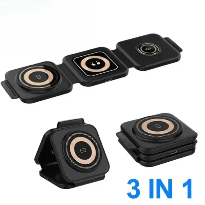 3-in-1 Folding Magnetic Wireless Charger Phone Stand Auto-alignment for iPhone 16 15 14 13 iWatch Airpods Fast Charging Station