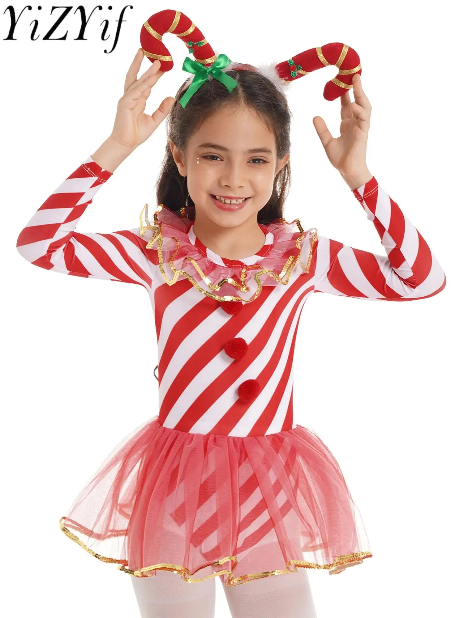 Kids Girls Candy Cane Christmas Costume Holiday Pageant Party Ballet Dance Figure Ice Skating Tutu Dress Leotards Dancewear