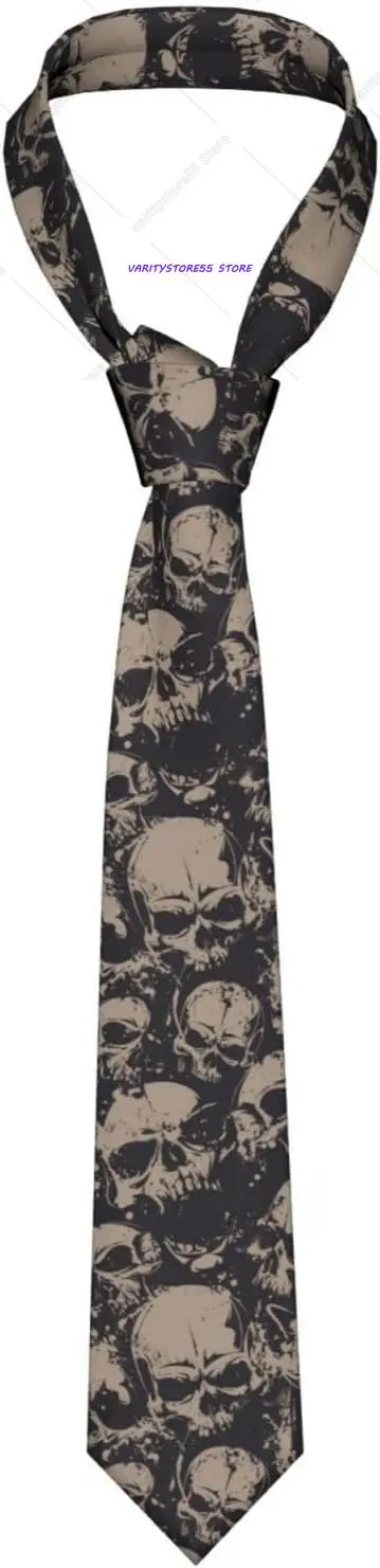 Men's Vintage Grunge Skull Print Necktie Distressed Retro Beige Black Skeleton Pattern Novelty Tie, Gothic Halloween Rock Style