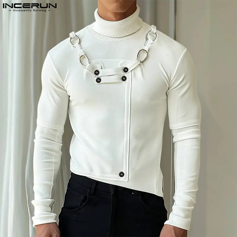 2024 INCERUN Men American Fashion Tops Casual Solid Long SLeeve Pullovers High Collar Button Elegant Streetwear Male Outfits