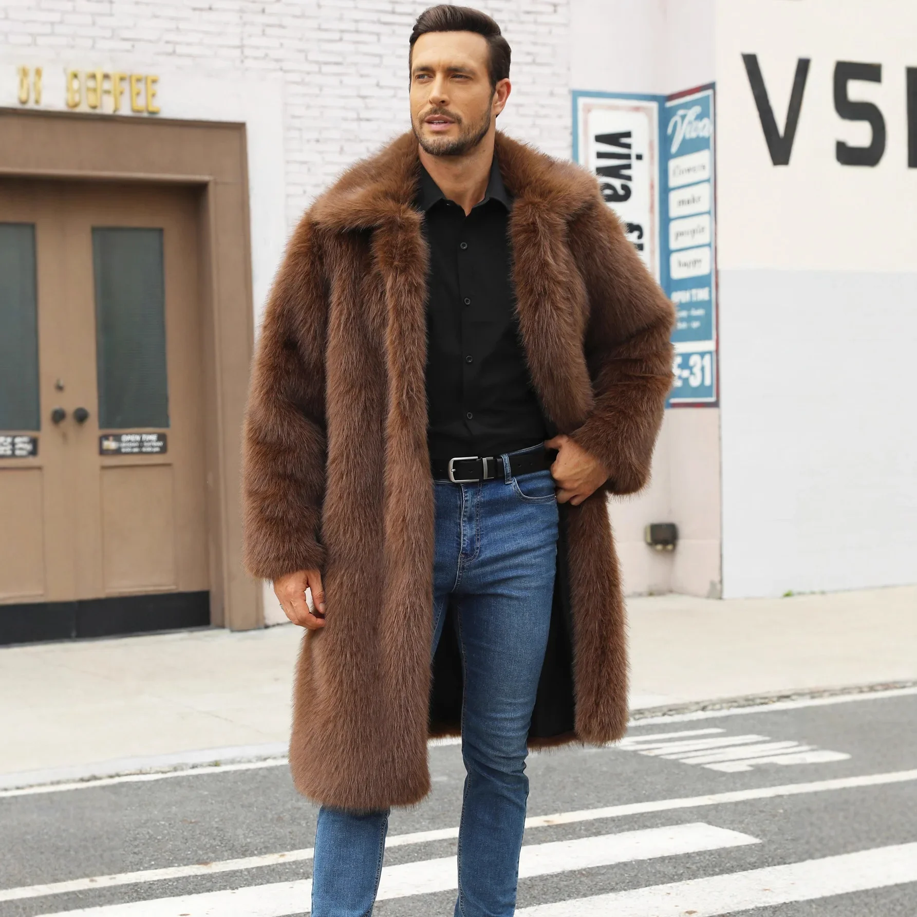 

European American New Fashion Autumn Winter Men's Brown Solid Color Turn-down Collar Long Sleeve Casual Trendy Faux Fur Coats