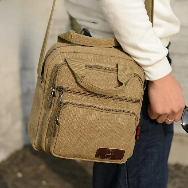 Mestercock Canvas Shoulder Bag Men's Casual Crossbody Business Bag Soft Handle Zipper Closure Medium Size Pure Color