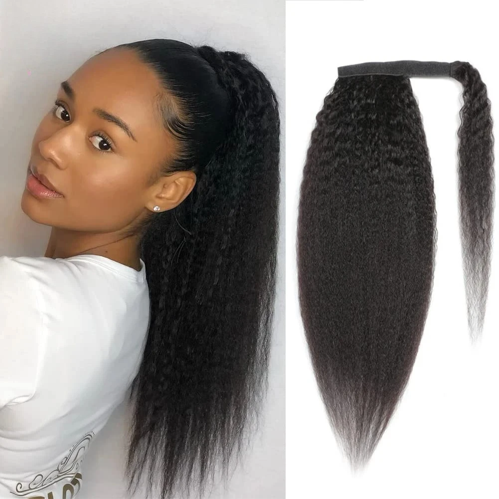

Kinky Straight Ponytail Real Human Hair Extension 116-130gWrap Around Clip In Ponytail Natural Black Remy 8-26inch For Women