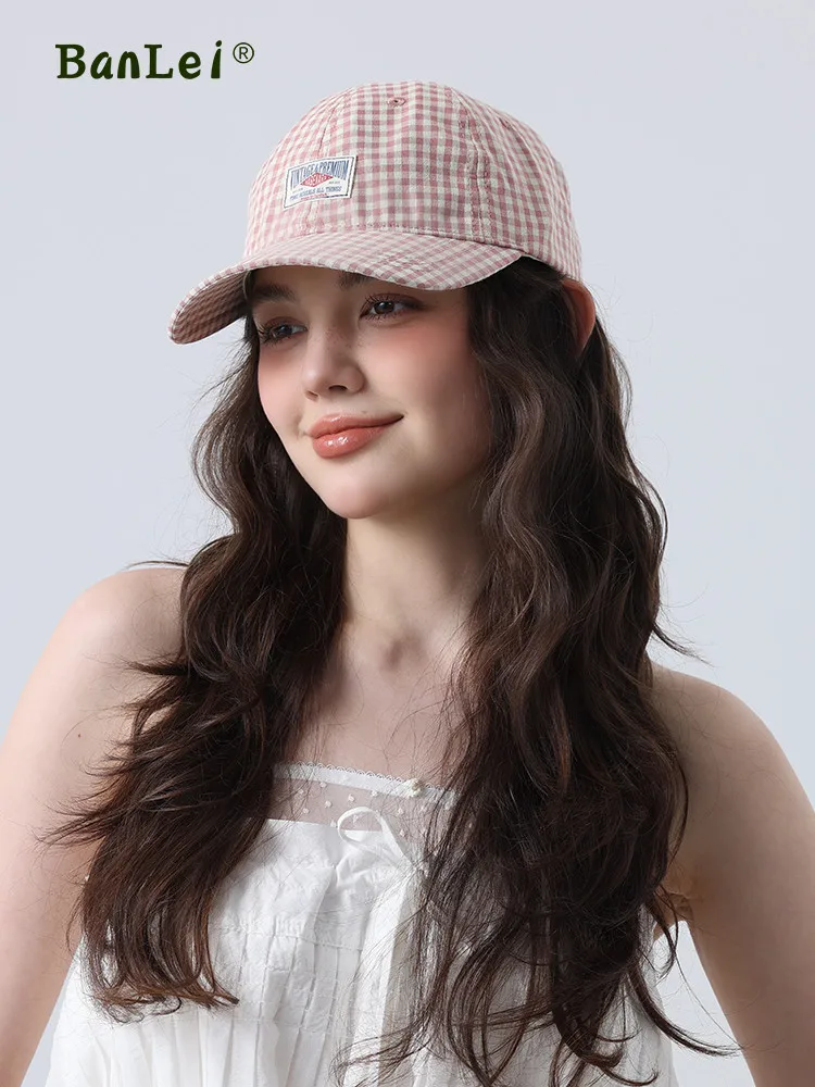 

Peaked cap female wide brim big head circumference showing face small plaid baseball hat tide