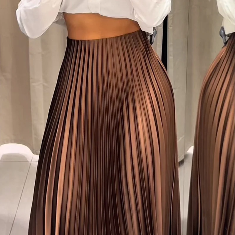 HXAO Women's Pleated Skirt Summer Brown Ruffle Skirt Cylinder Pleats Mid Waist Midi Skirt Fashion Elegant Women Long Skirt 2025