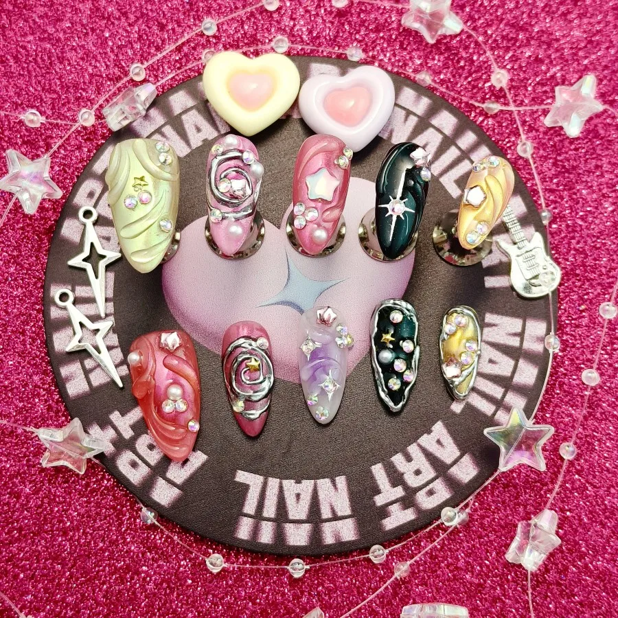 مجموعة مكونة من 10 قطع من الأظافر المزيفة المضغوطة يدويًا، أظافر صناعية سحرية متعددة الألوان، مجموعة أظافر صناعية ملونة وجميلة، #2