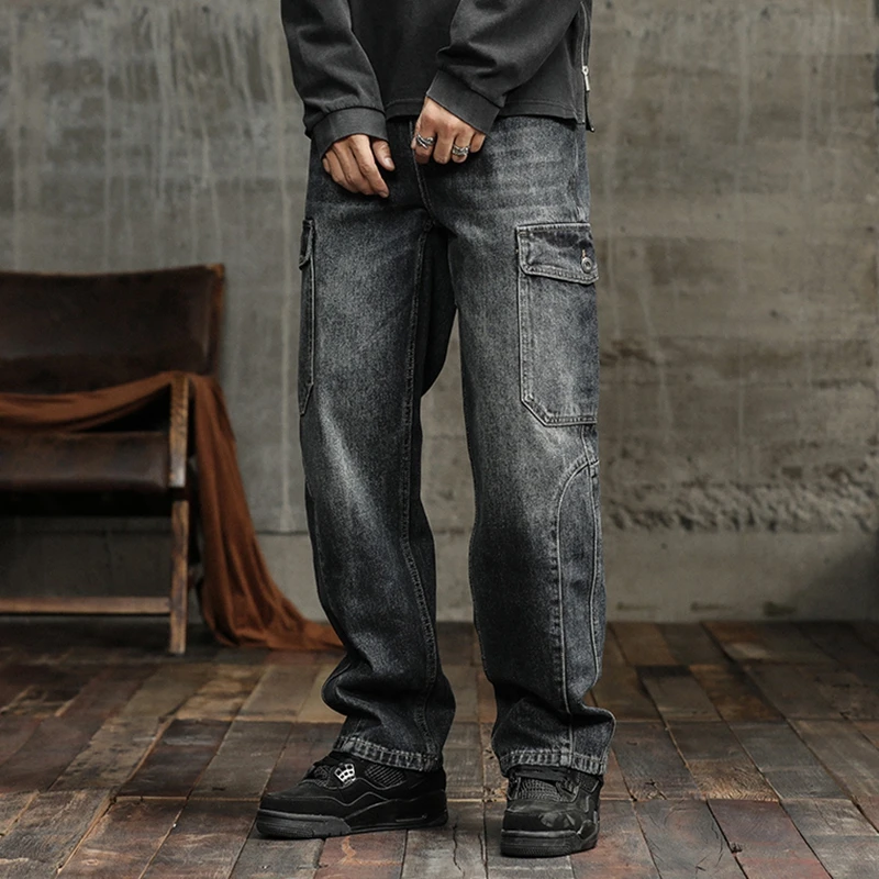 men's autumn straight work jeans Loose straight fit multi-pocket fashionable men's jeans Versatile street plus size trousers