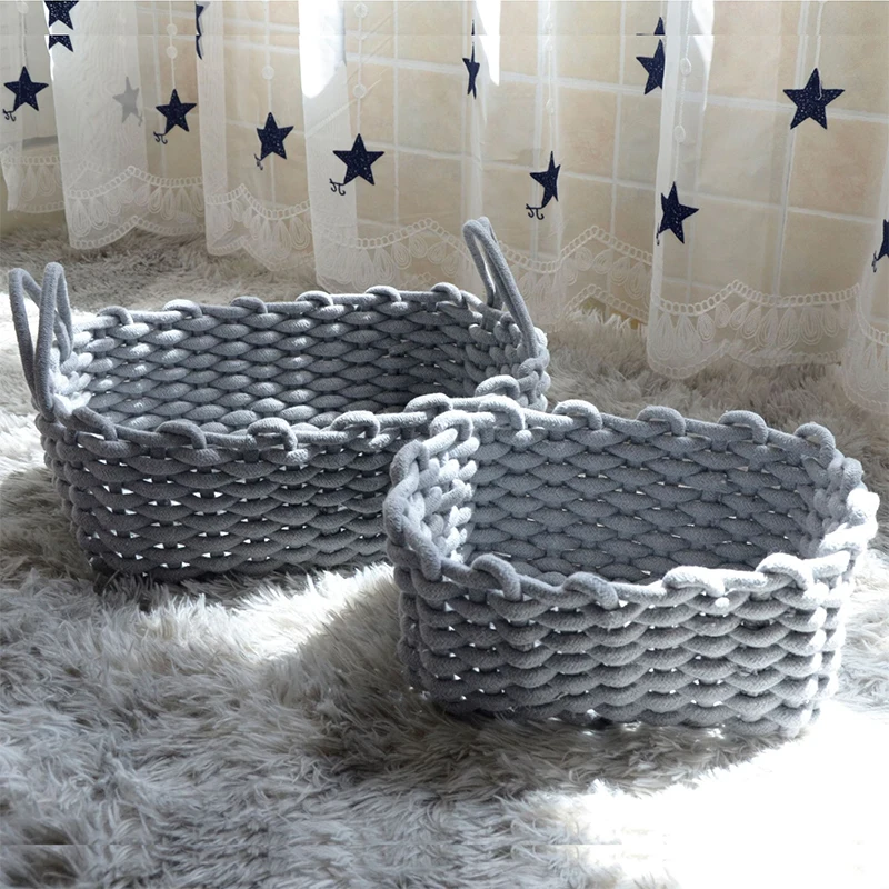 Hand-woven Thick Cotton Rope Storage Box Sundries Cosmetic Organizer Desktop Toy Snacks Storage Basket Container White/Grey