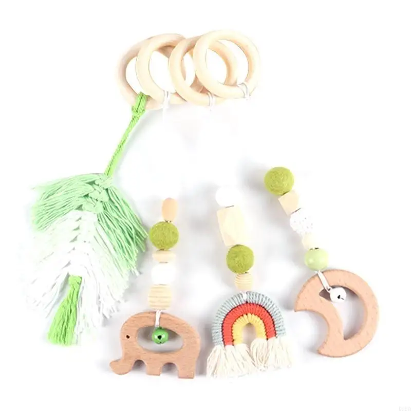 

K92D 4pcs Newborn Wooden Rattle Teether Baby for Play Gym Sensory Toy Hanging Ornament Room Decorations for Birthday Shower G