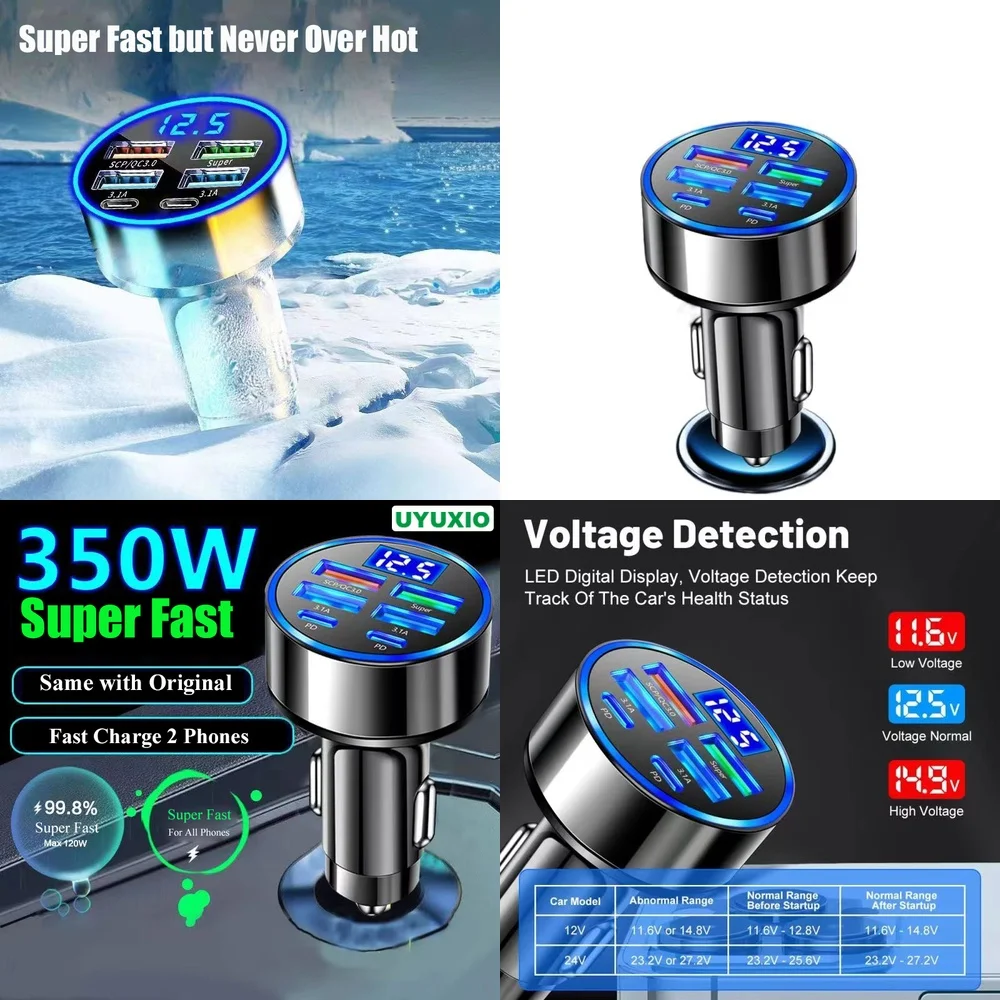 Fast Car Charging Socket Double PD Fast Charging Dual PD Quad USB LED Voltage Monitor for iPhone 17 16 15 14 Samsung S26 S25