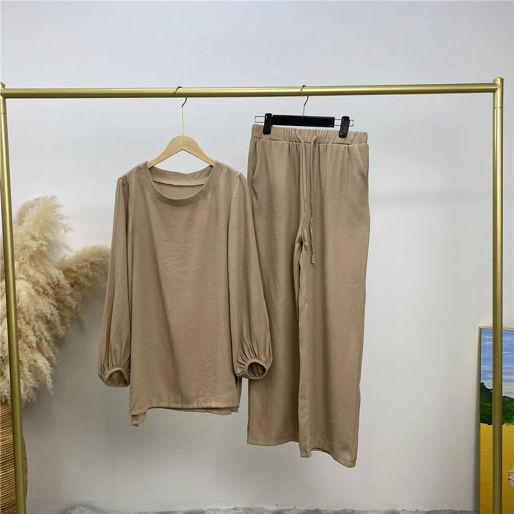 

2PCS Eid Ramadan Modest Muslim Women Tops Pants Set Dubai Turkey Islamic Kaftan Abaya Musulman Ensembles Arab Robe Loose Outfit