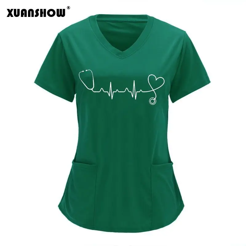 XUANSHOW 2022 New Arrival Nurses Style Love Graphics Print Shirt V-neck Large Pocket Short-sleeved T-shirt Women's