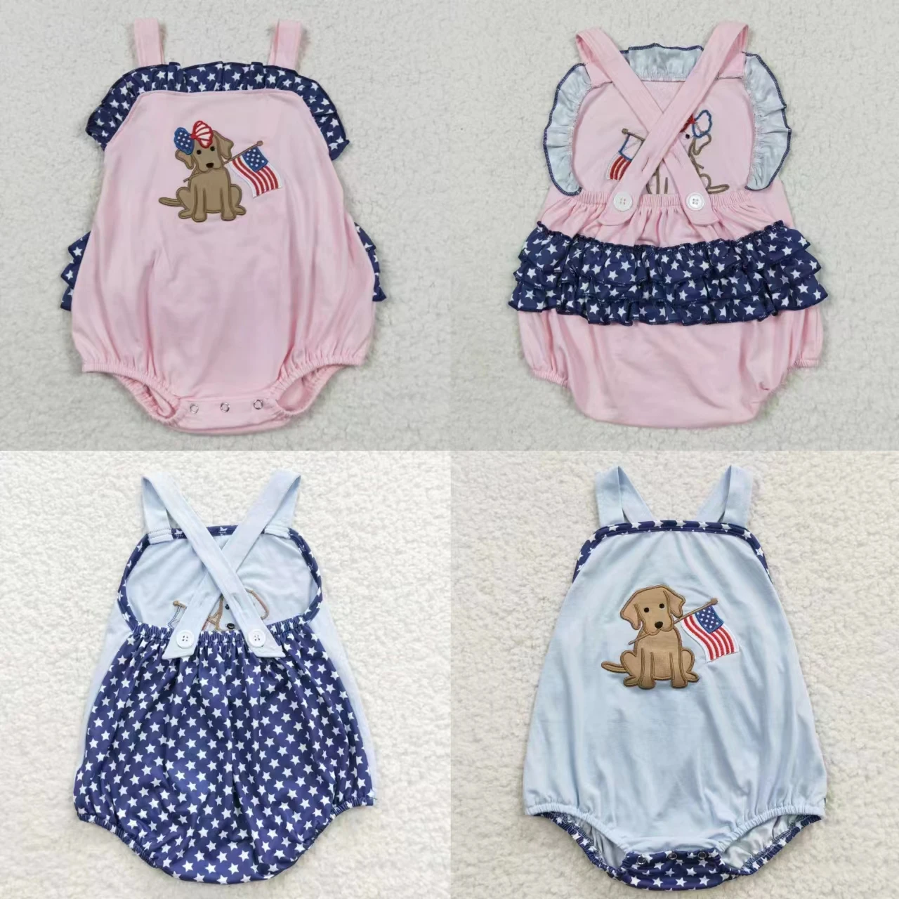 Newborn July 4th Romper Suspender Embroidery Flag Dog Jumpsuit Toddler Kid Children Matching Girl Boy Stars Overall One-piece