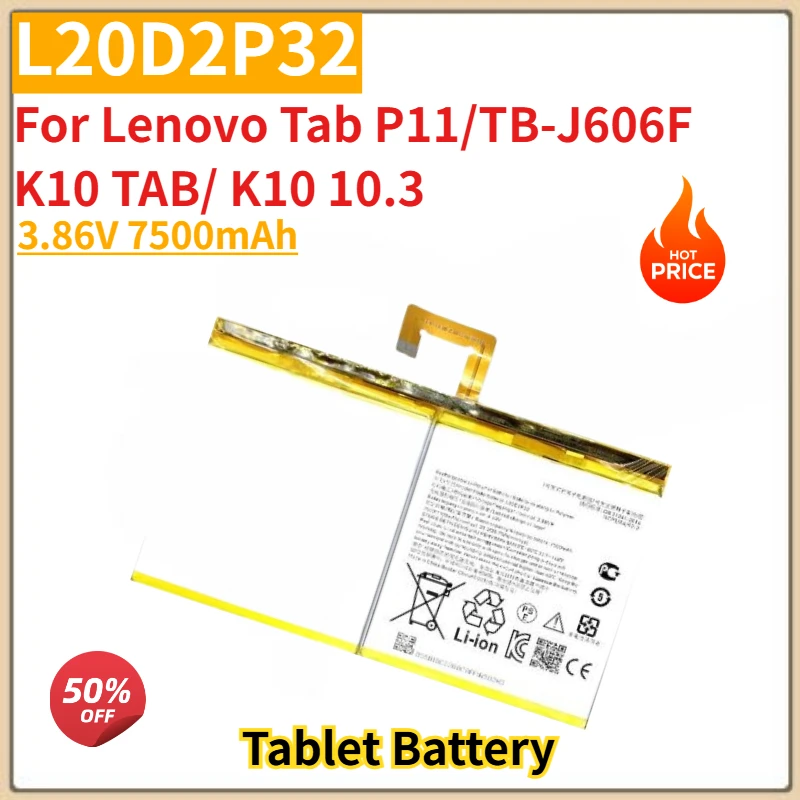 High Quality L20D2P32 Tablet Battery 3.86V 7500mAh For Lenovo Tab 10.3 P11/ TB-J606F/K10 TAB/ K10 Brand New Replacement Battery