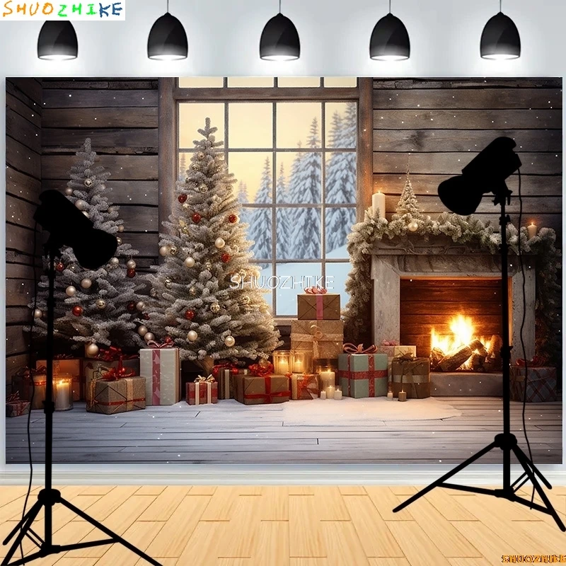 Christmas Tree With Wooden Floor Photography Backdrops Pinecones Snow Fireplace New Year Winter Holiday Party Background DT-28