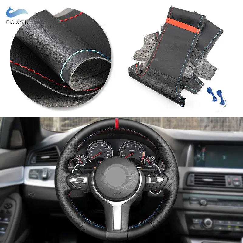 Car Steering Wheel Cover Leather Trim For BMW M Sport F30 F32 F10 F12 F20 F45 F39 F48 F25 F26 F15 F16 red blue line red strip