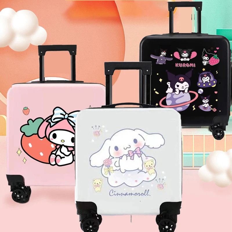Sanrioed Kuromi Cinnamoroll 20 بوصة حقيبة تروللي بعجلات أنيمي Kawaii ميلودي حقيبة عجلة عالمية كلمة المرور لوحة الطالب الطائرة
