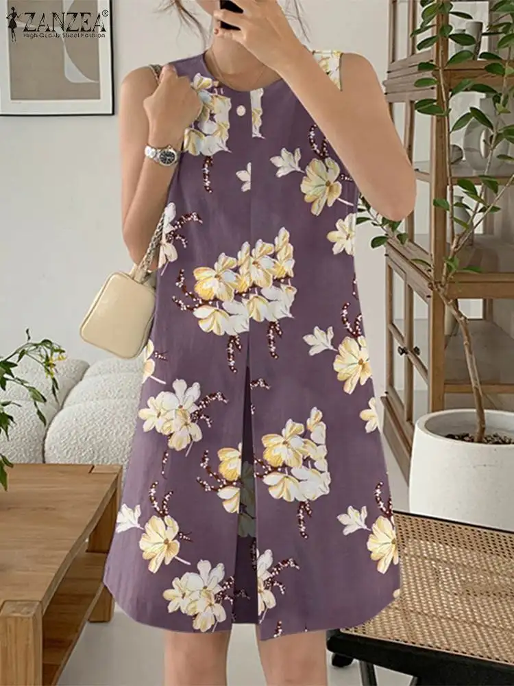 ZANZEA-Vestido feminino na altura do joelho, vestidos de praia, vestido de verão sem mangas, o-pescoço, bolso, feriado, regata, casual, solto, moda, verão