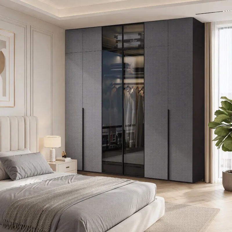 Assembled Combination Glass Door Wardrobe, Dark Grey Storage Closet With Drawers for Rental Bedroom Home Decor Furniture