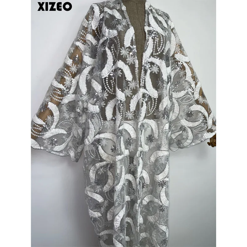 XIZEO musim panas kardigan wanita stitch fashion seksi Boho liburan Gratis ukuran lengan panjang sutra merasa jubah elegan kimono kaftan