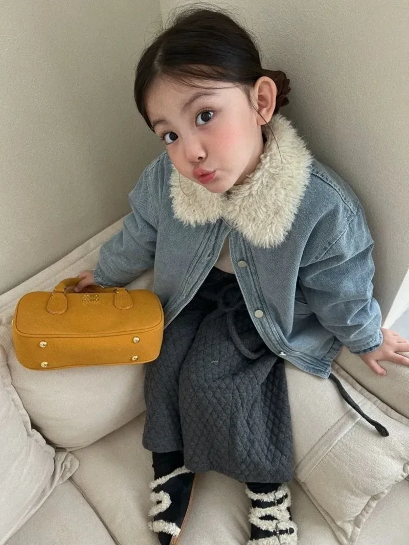 2 4 6 8 10 12Y فتاة في سن المراهقة أفخم الفراء طوق سترة الدافئة الدنيم عادية الخريف الشتاء معطف الأطفال 2026 نمط جديد #3