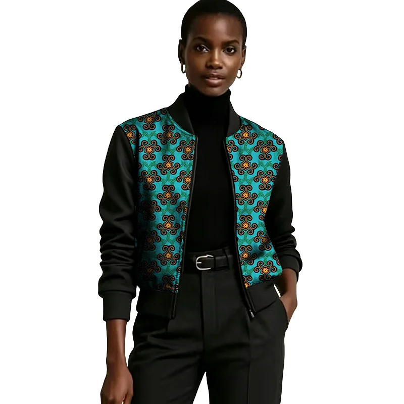 

Wax Print Women's Patchwork Jackets With Black Sleeves African Couture Short Coat Female Baseball Jacket Ankara Outfit Tailored
