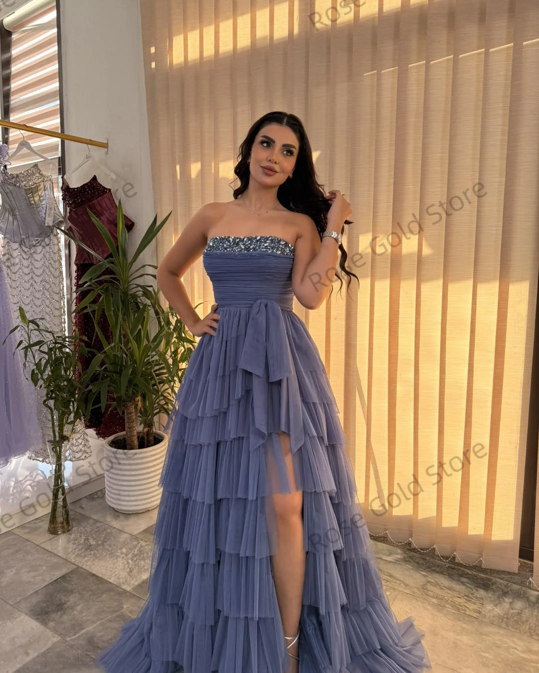 Illusion Blue Evening Dresses Charming A Line Tiered Ruffled Prom Gowns for Dubai High Slit Tulle Vestido de  Gala Customized