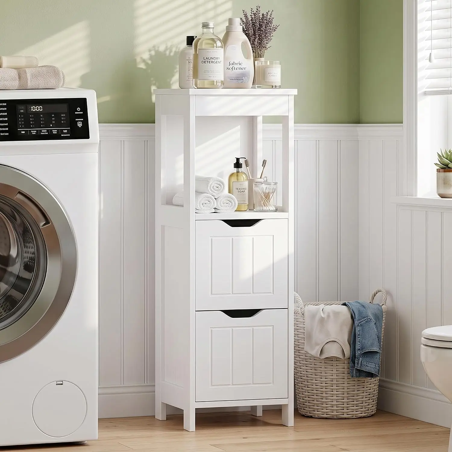Small Bathroom Storage Cabinet with Drawers & Open Shelf, White