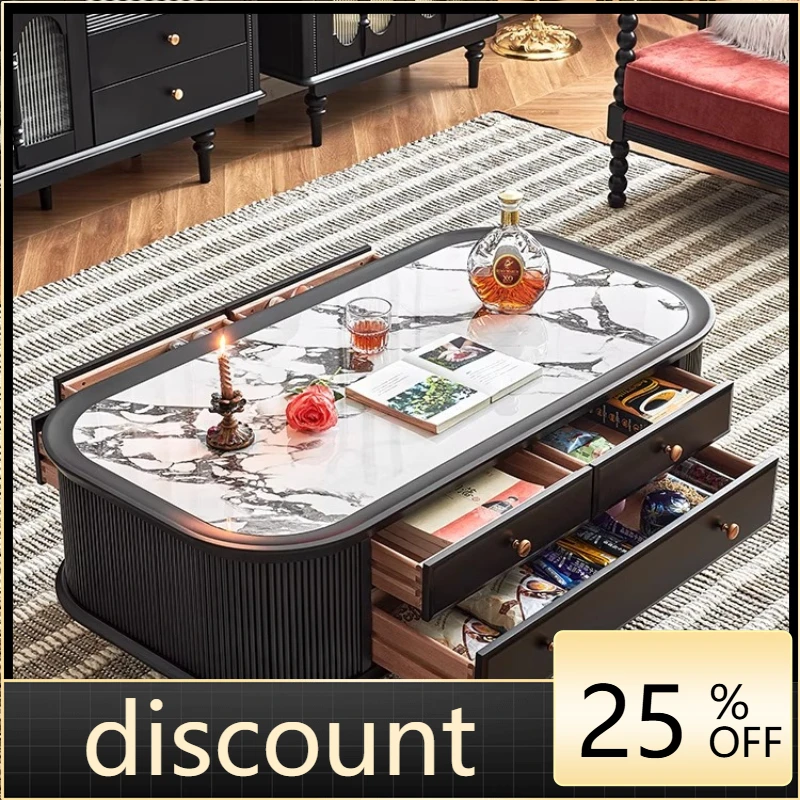 

LMM French antique coffee table premium black retro solid wood rock slab storage home