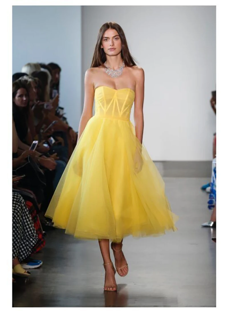 

Simple Evening Dress Short Formal Party Gown Yellow Organza and Tulle Prom Abiye Gece Elbisesi