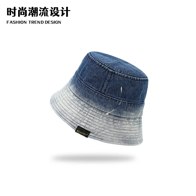Washed Gradient Denim Fisherman Bucket Hat Unisex Retro Casual Sun Uv Protection Hat For Outdoor Beach Daily Wear Dark Blue Ligh