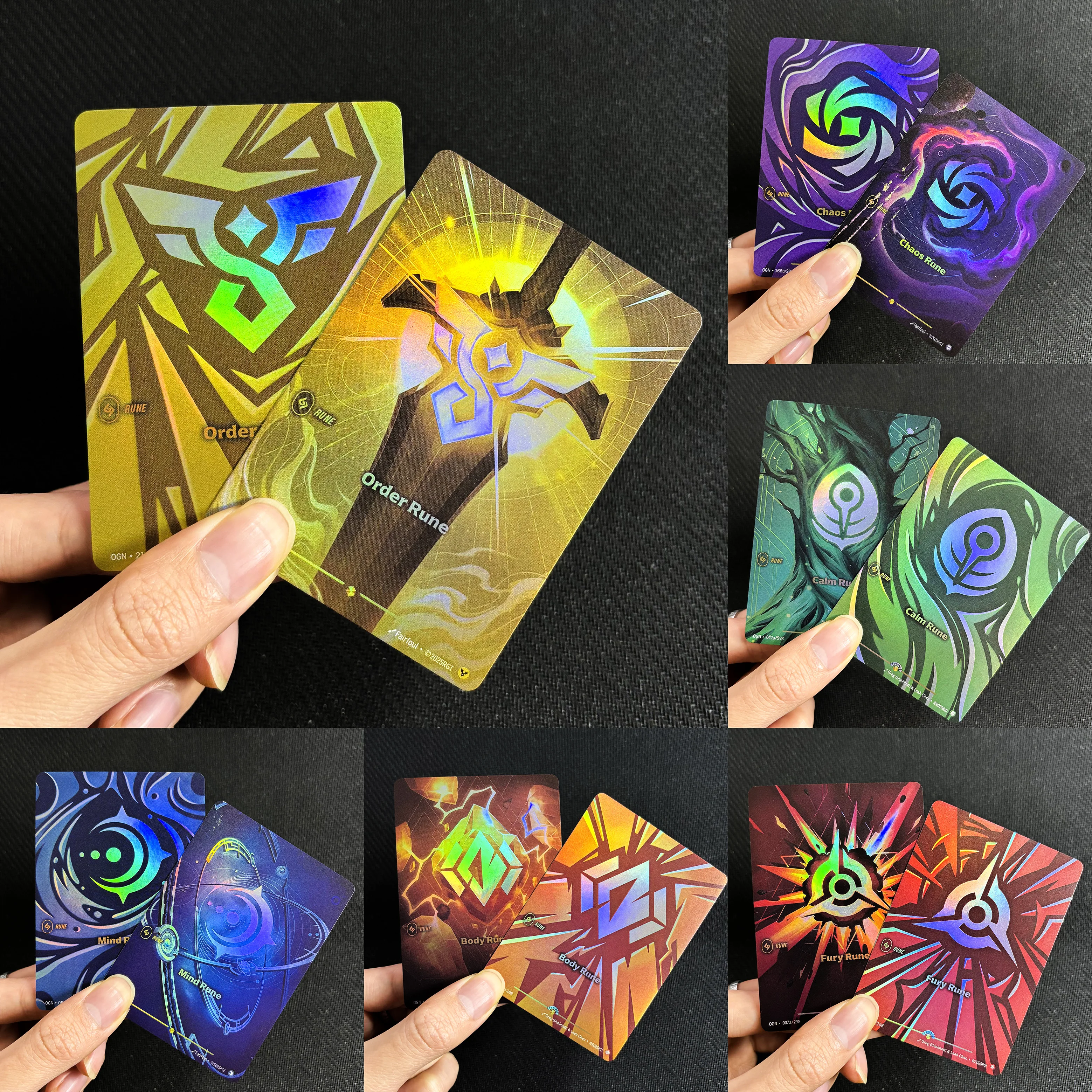 

Полный набор из 12 коллекционных карт Runes TCG League of Legends Riftbound: Руны Ордера/Хаоса/Спокойствия/Ума/Тела/Ярости (голографические, фольгированные) — промо-карты