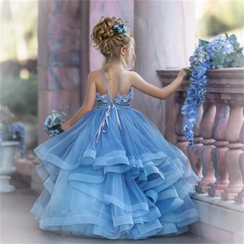 Elegante abito da ragazza di fiori bianchi per la festa di nozze abiti da battesimo con collo alto Tulle Appliques a maniche lunghe abito da comunione per bambini