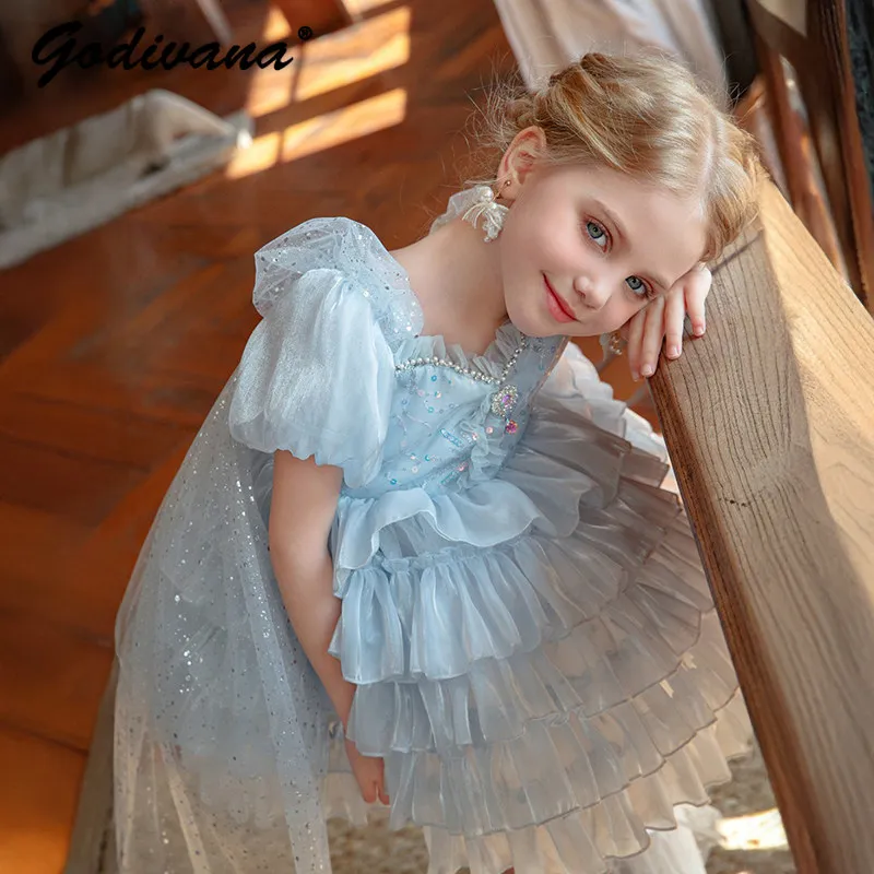 Sweet and Cute Baby Girls Summer New Blue Cake Dress Kids High End Ruffle Collar Puff Sleeve Sequined Mesh Birthday Party Gown