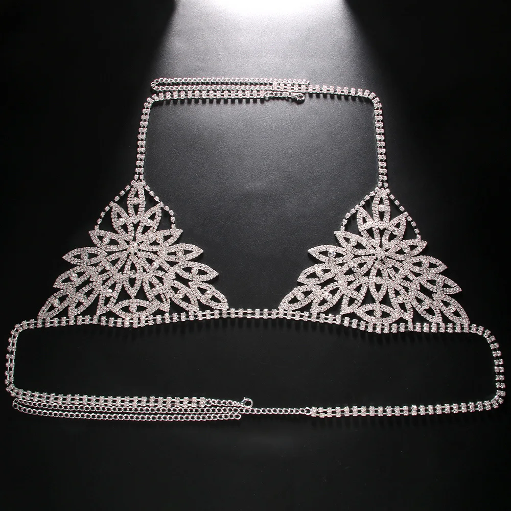 XSBODY Hollow Eye Rhinestone Body Jewelry Nightclub Clothing Rave Chest Accessories Bling Bikini Bra Chain for Women Party