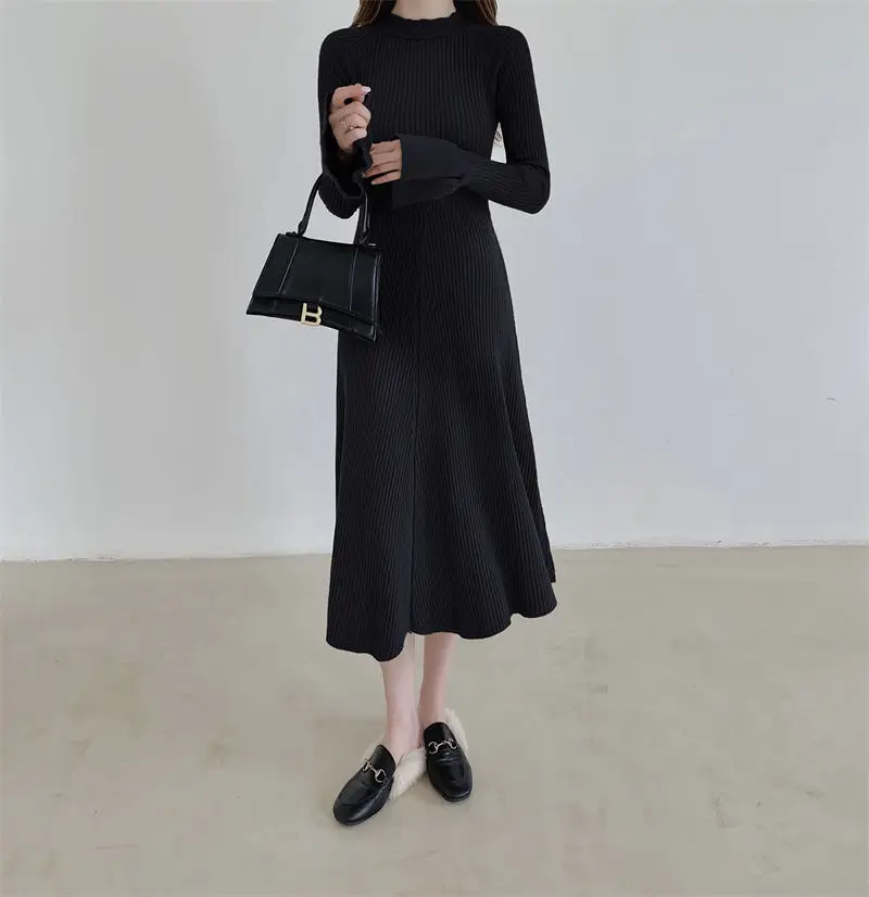 Knitted Dress Bell Sleeves Hollow Design Autumn Retro Women'S Korean Style Elegant Crow'S Feet Casual Dress Women'S New Style