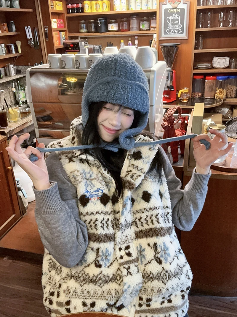 

Retro Korean Fair Isle Plaid Fce Vest Outerwear Women Loose Versatile Warm Top Polyester Fiber Zipper Closure Hooded