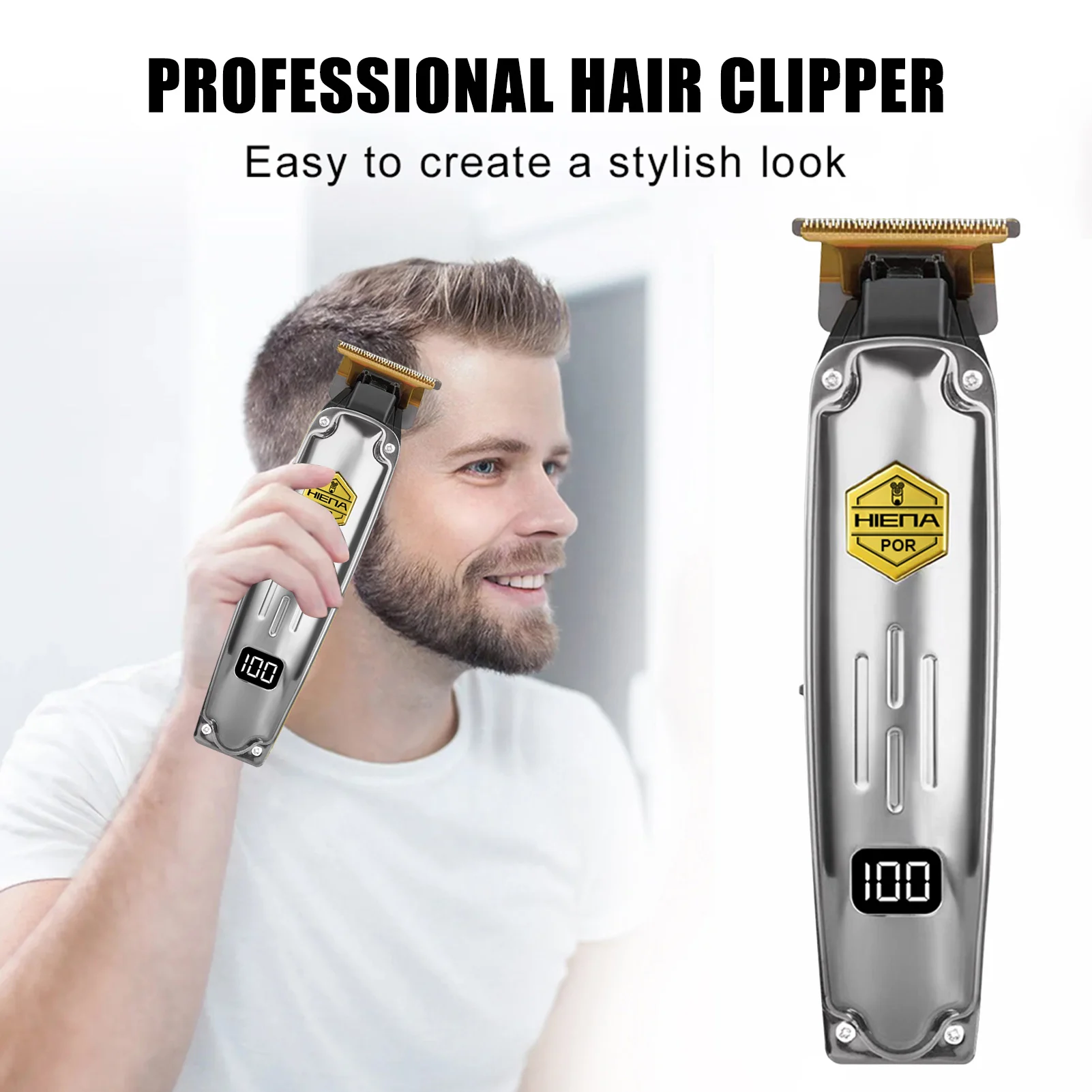 HYN مقص الشعر الكهربائية الذكية شاشة ديجيتال الشعر اللحية ماكينة حلاقة المهنية تصفيف الشعر نحت آلة قطع الشعر HIENA