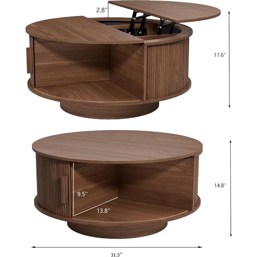 Lift Top Coffee Table for Living Room, Solid Wood with Fluted Circle Design, Walnut Finish, Adjustable Height and Hidden Storag