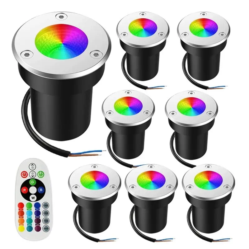 【NEW YEAR  】Outdoor 12V RGBW In Ground Light 3W Color LED Well Light Low Voltage Landscape Light With Remote Control 8Pcs