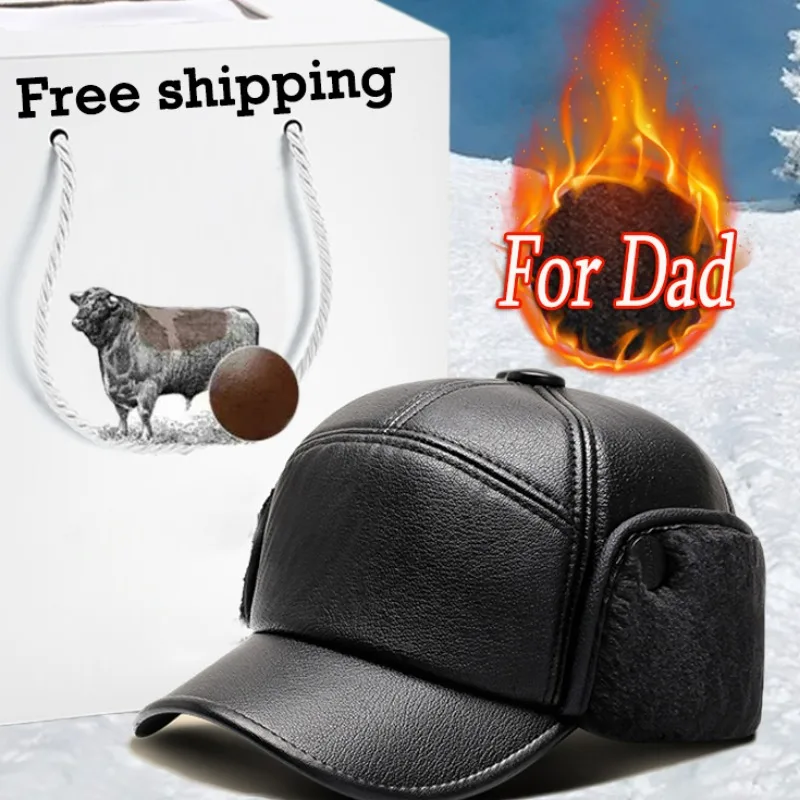 New Winter Bomber Hat for Men Women Russian Black Leather Caps with Earmuffs for Dad Fur Warm Pu Leather Brand Baseball Cap