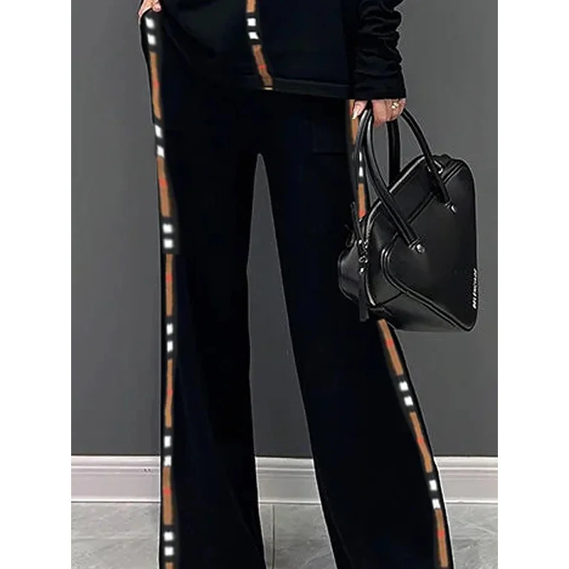 Krisnanas Autumn Women Casual Suits 2024 New High Neck T-Shirts Tops and Loose Wide Leg Pockets Pants for Office Ladies