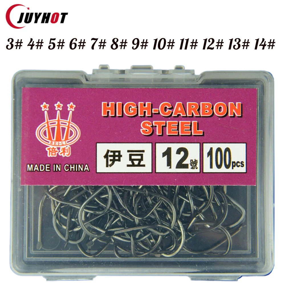 100Pcs/box Izu Hooks Crooked Beak Barbed High Carbon Steel Black Pit Wild Fishing Long Shank Black Pit Fishing Gear Supplies