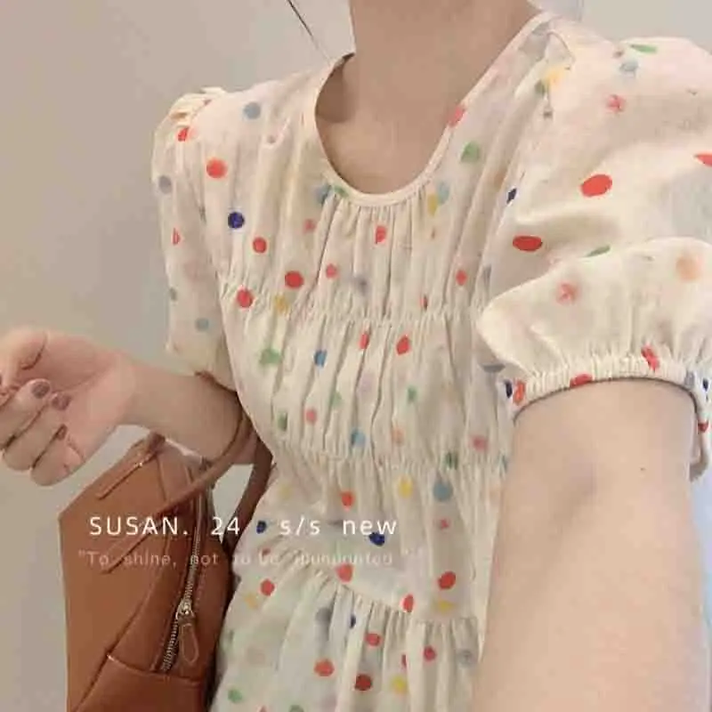 New Fashion Dot Printing Women Blouse Casual Loose Short Sleeve Women\'s Shirts Elegant Woman Tops Summer Female Clothes 1975