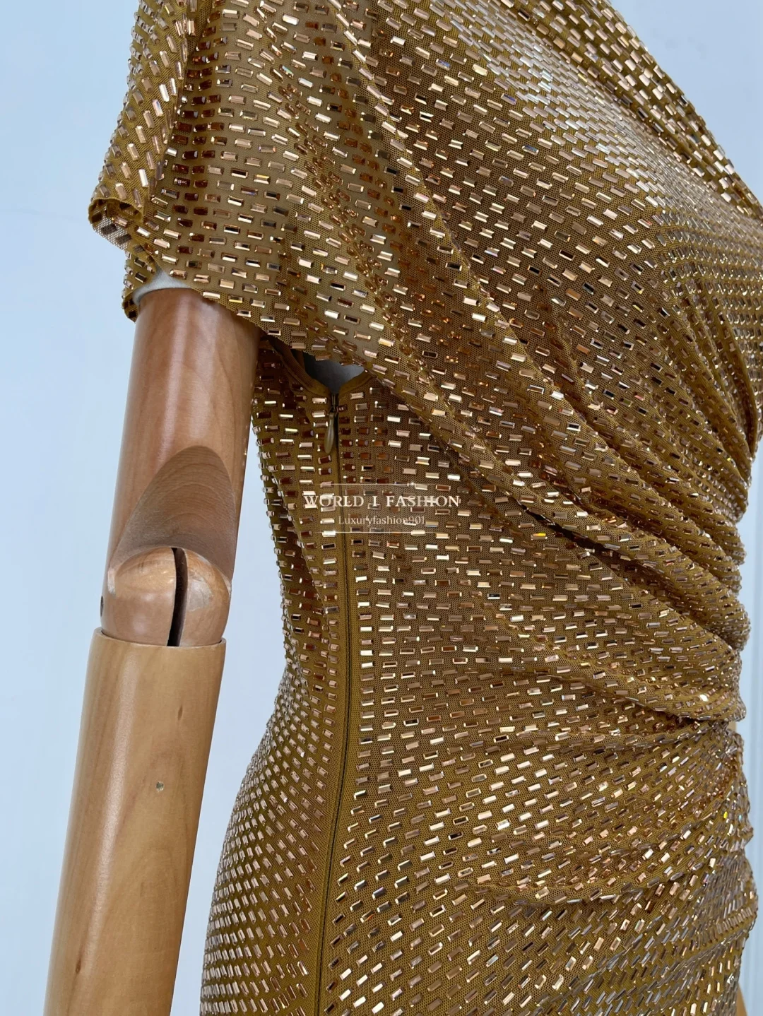 

Top Quality Golden Diamonds Short Sleeve Slant Collar Luxury Midi Dress