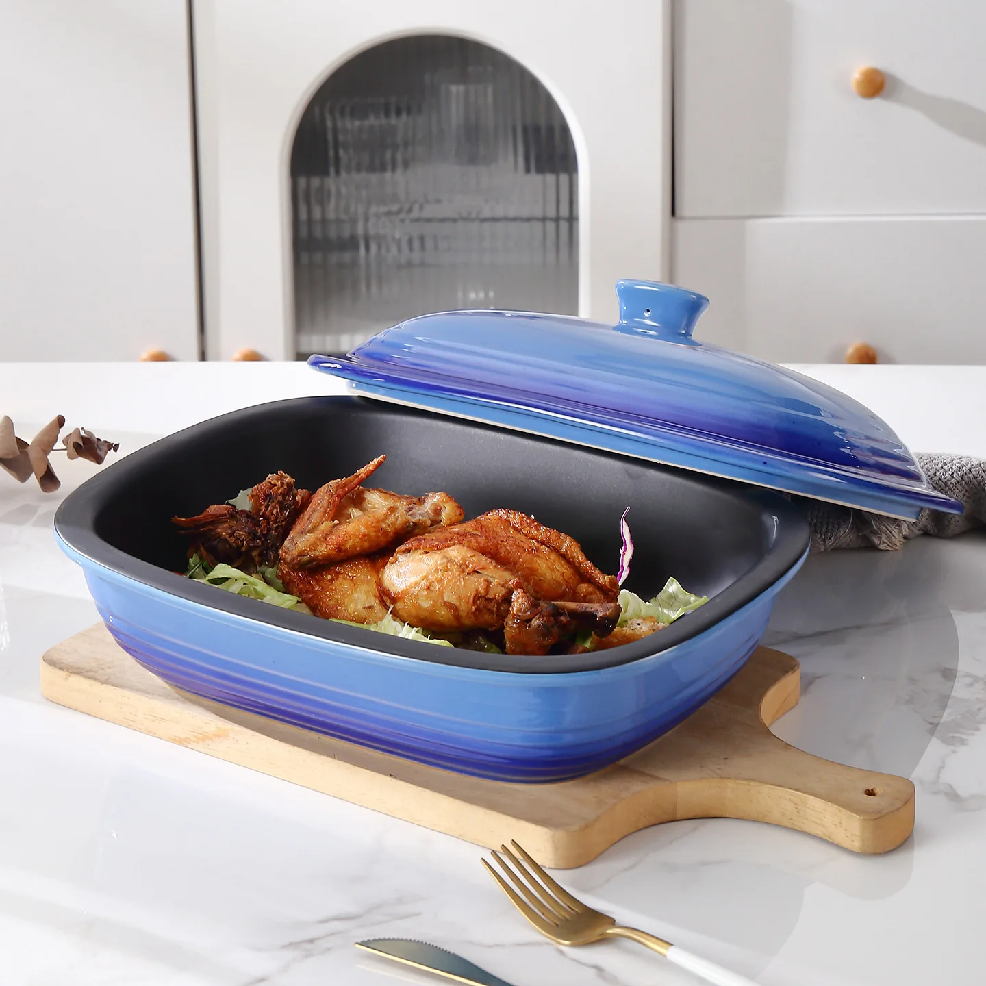 DSA baking pan with lid ceramic large capacity microwave oven baking cheese baking pan gradual change blue kitchen utensils