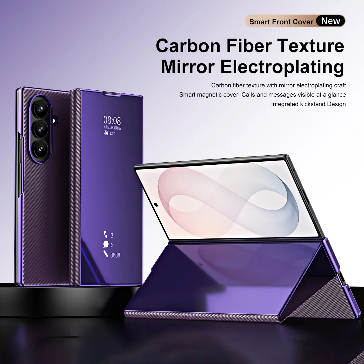 Carbon Fiber Texture Clear View Flip Phone Case For Samsung Galaxy Z Fold 7 6 5 4 Magnetic Adsorption Kickstand Protective Cover