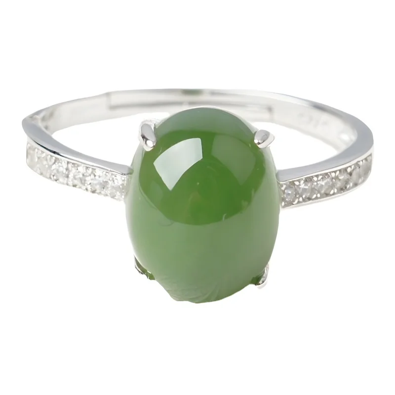 925 Sterling Silver Inlaid With Jadeite Women'S , Natural Hetian Jade Ring